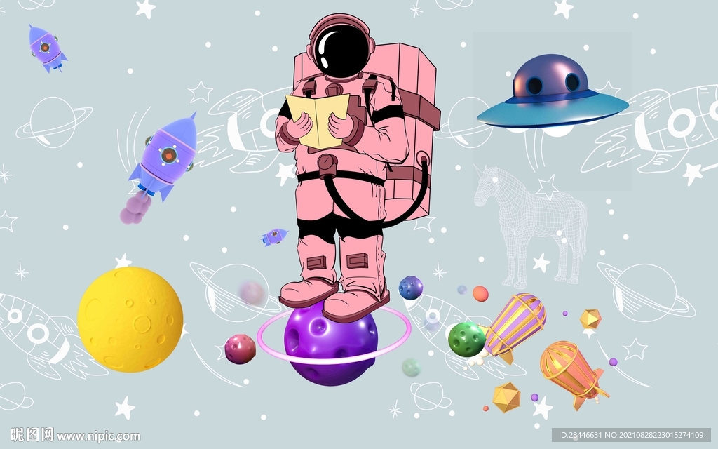 北欧卡通手绘儿童房背景墙