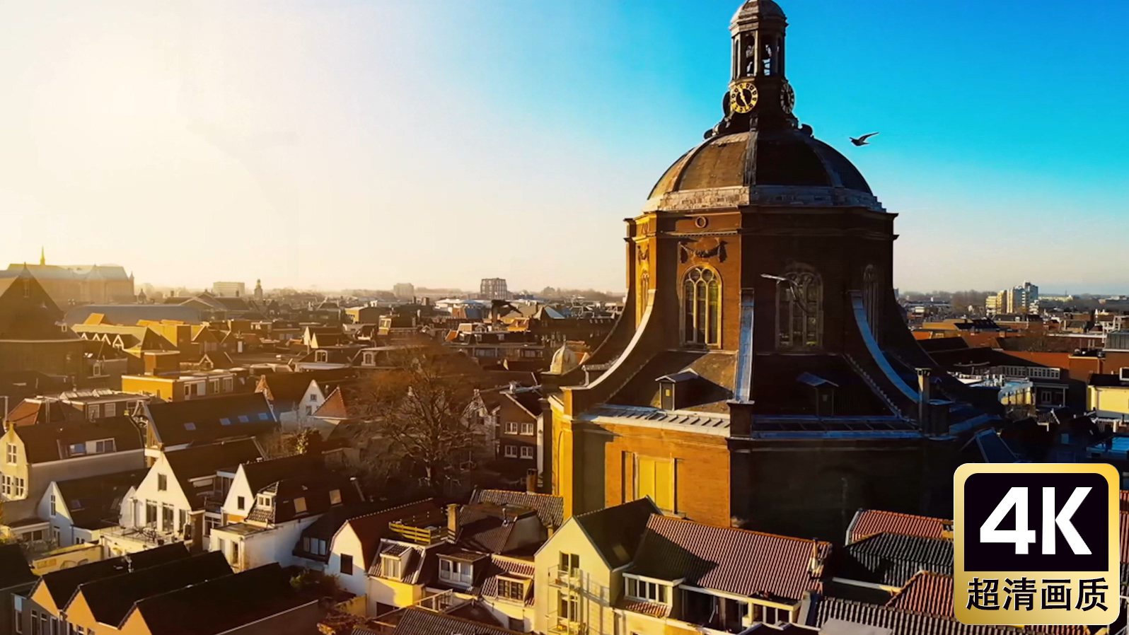 航拍北欧钟楼飞鸟