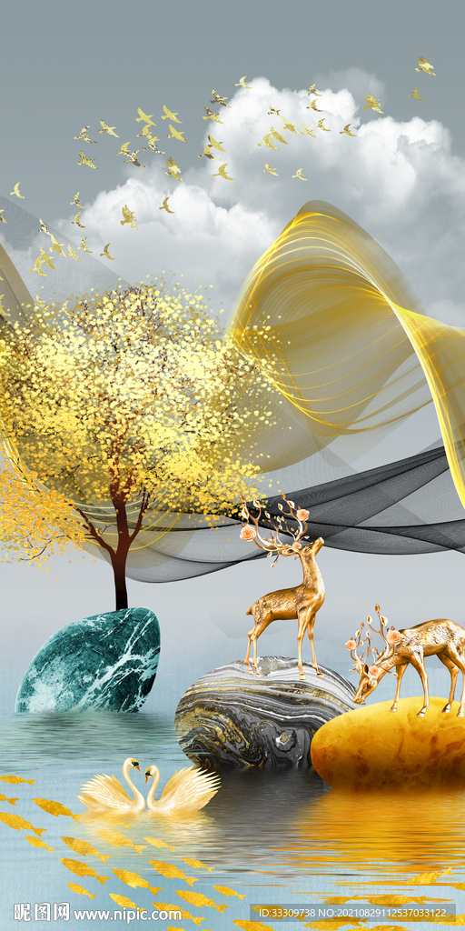 时来运转麋鹿山水抽象装饰画