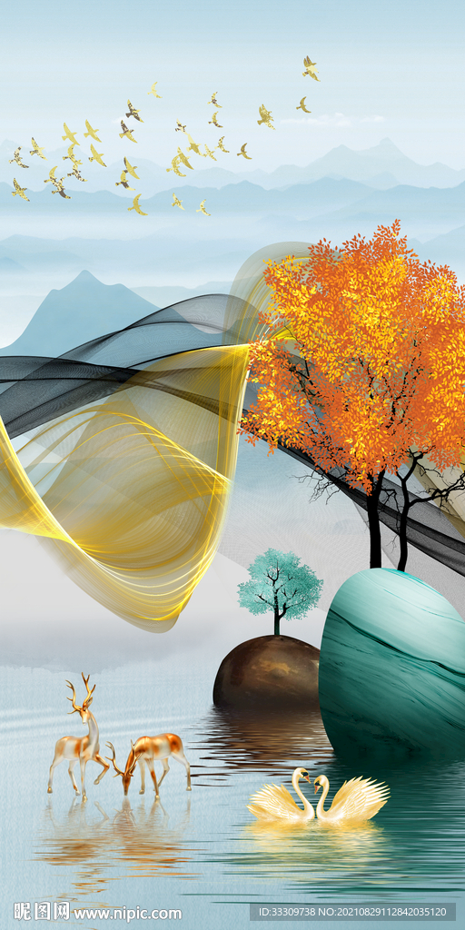 石来运转线麋鹿山水抽象装饰画 