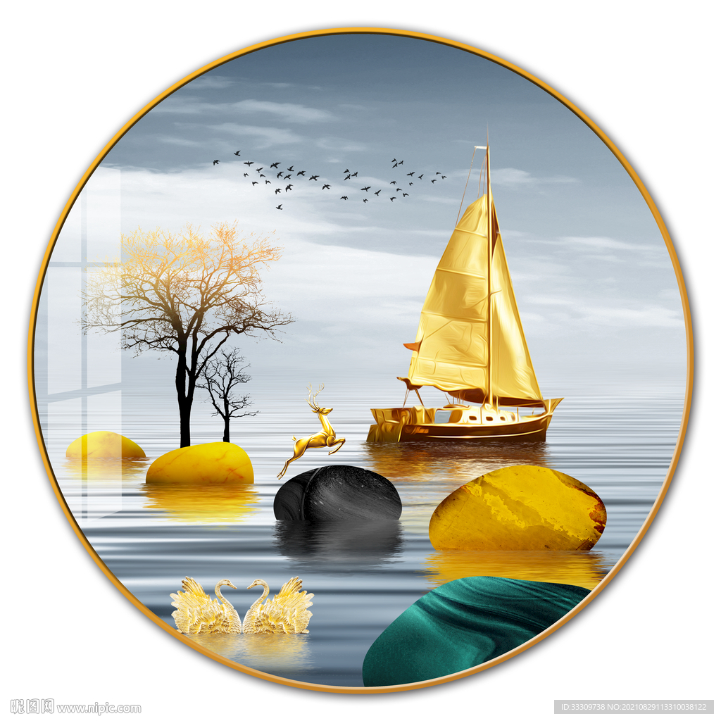 石来运转烁金麋鹿山水抽象装饰画