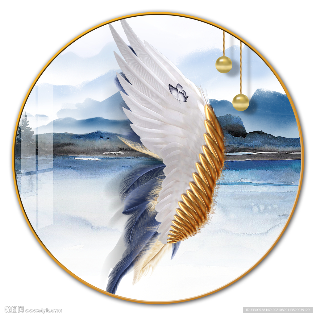 羽毛麋鹿山水抽象圆形装饰画