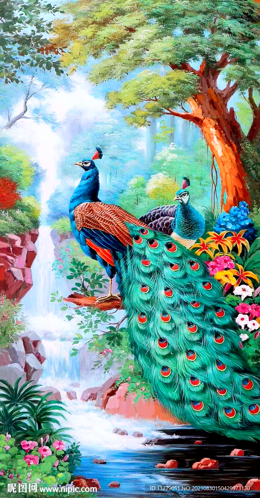 孔雀风景画油画