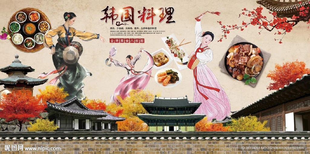 复古怀旧韩国料理餐饮背景墙壁画