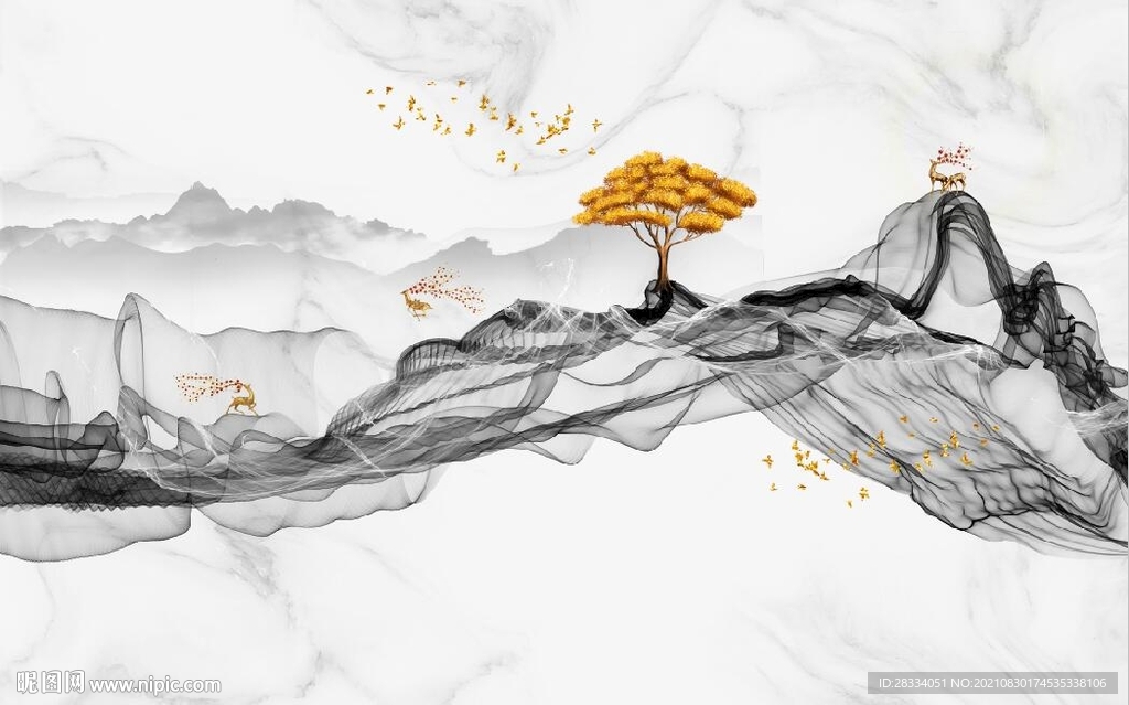 新中式抽象水墨山水风景背景墙