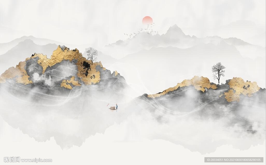 金色水墨山水风景电视背景墙