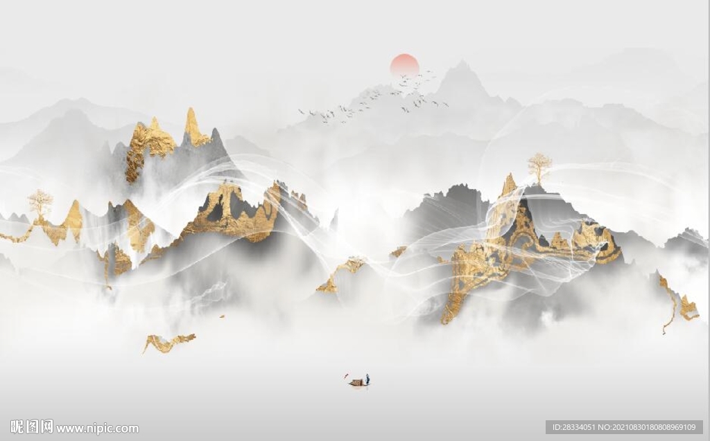 金色水墨山水风景电视背景墙