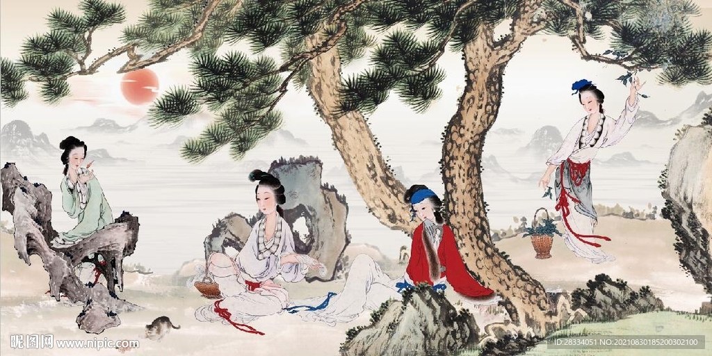 新中式绝世佳人国画电视背景墙