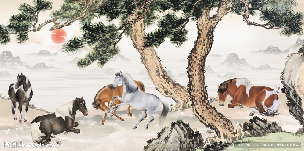 新中式古松骏马国画电视背景墙