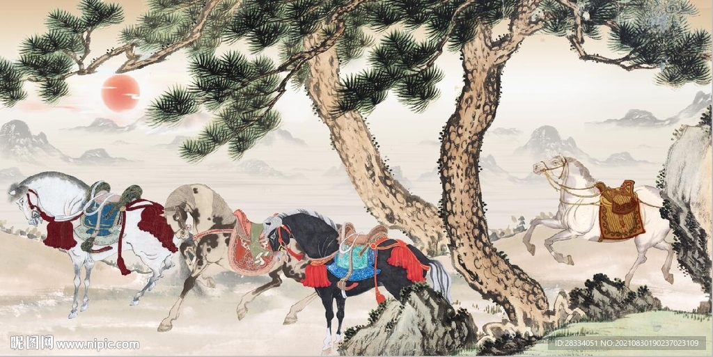 新中式古松骏马国画电视背景墙