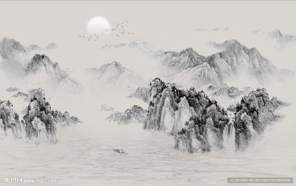 新中式水墨山水国画电视背景墙