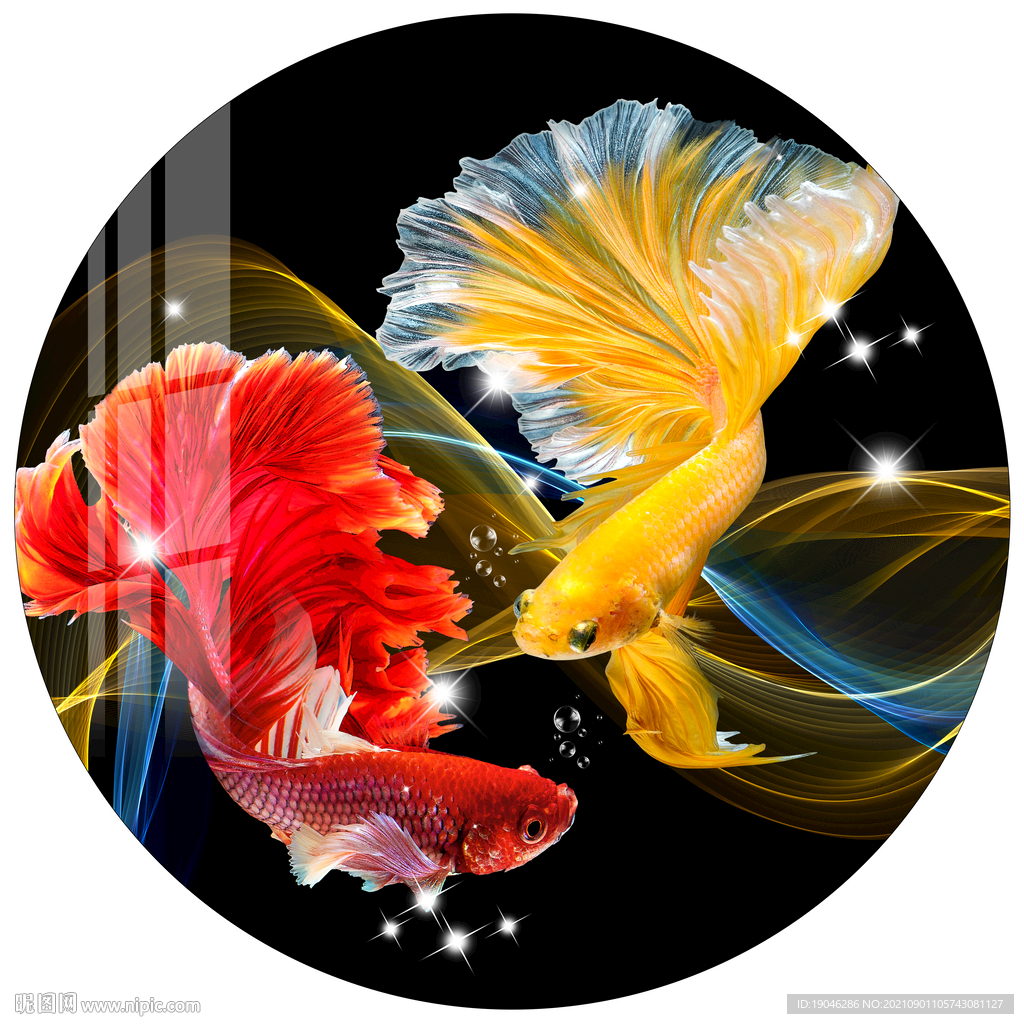 梦幻时尚孔雀鱼斗鱼圆形装饰画