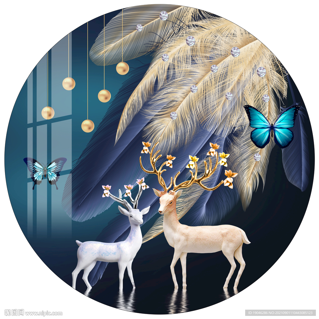 轻奢羽毛麋鹿圆形装饰画