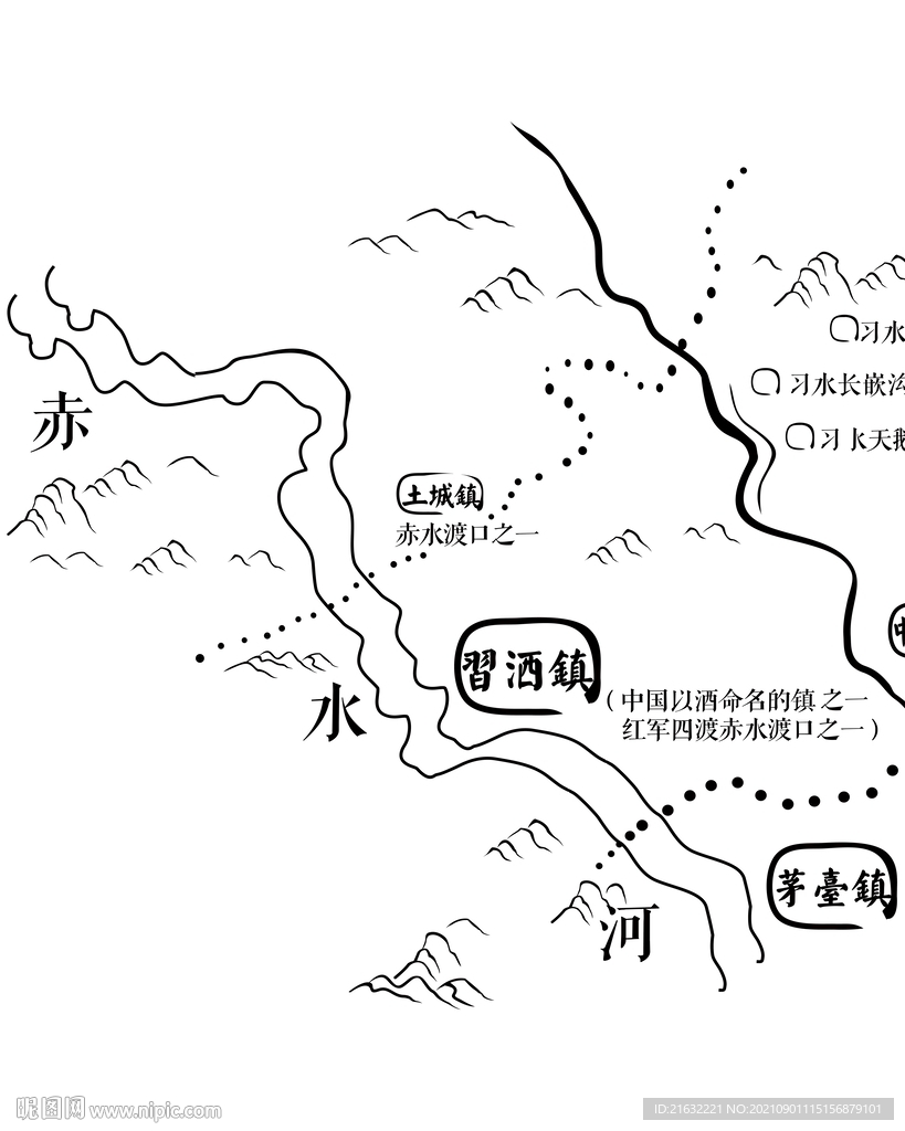 赤水河畔名酒线描手绘分布图