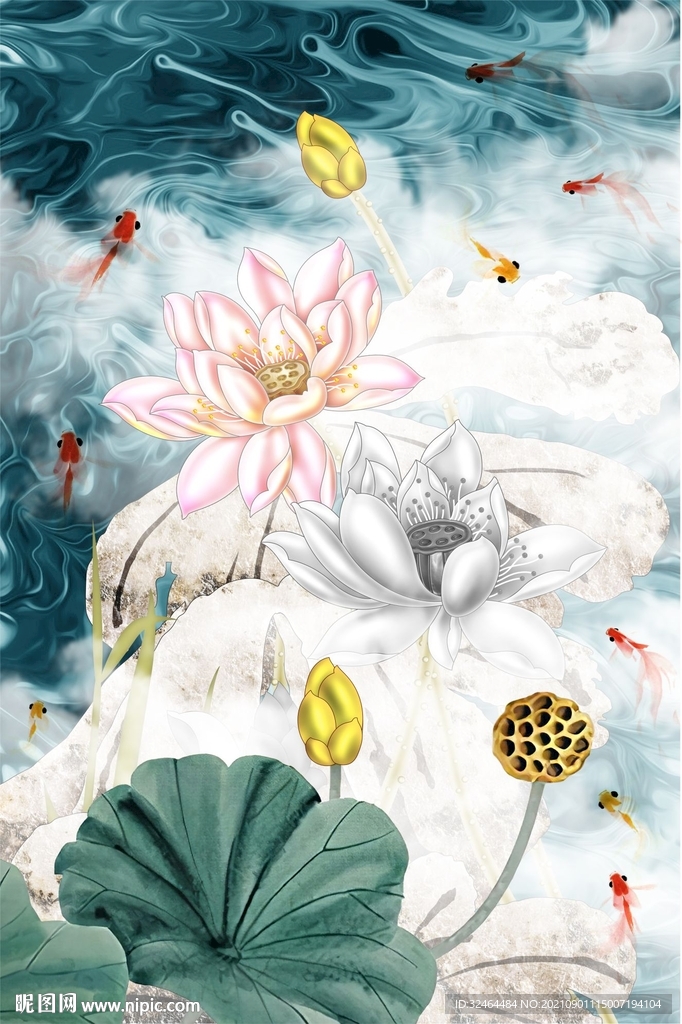 荷花九鱼图
