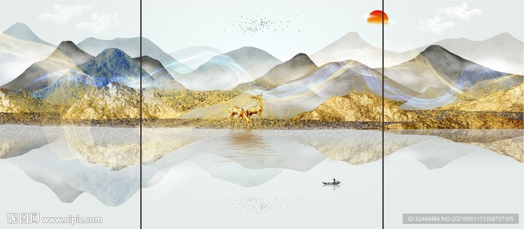 金山麋鹿山水三联画