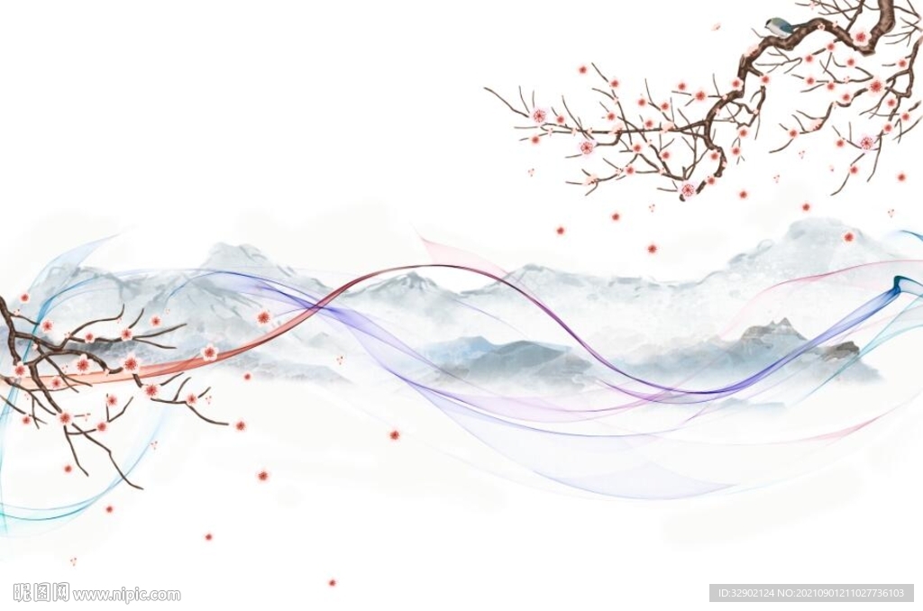 中式山水烟雾花鸟背景墙