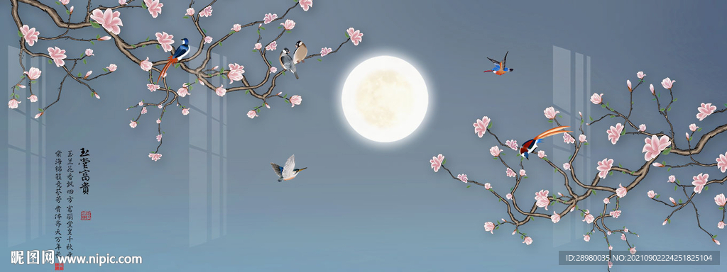 手绘花鸟三联装饰画