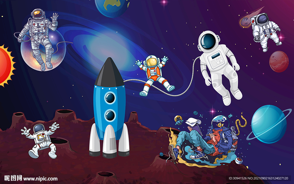 卡通外太空宇航员儿童房背景墙