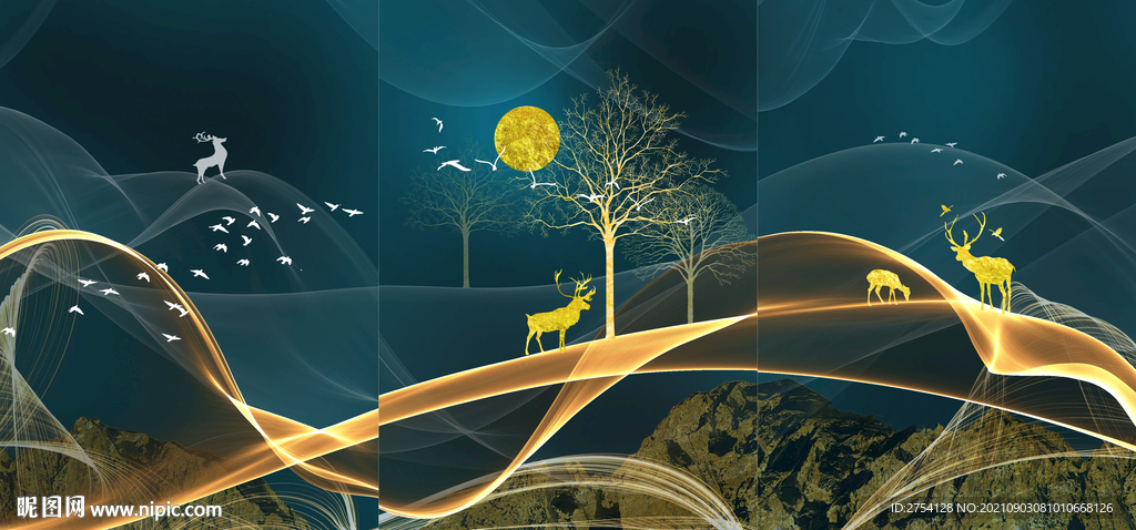 晶瓷画 抽象画 线条 麋鹿