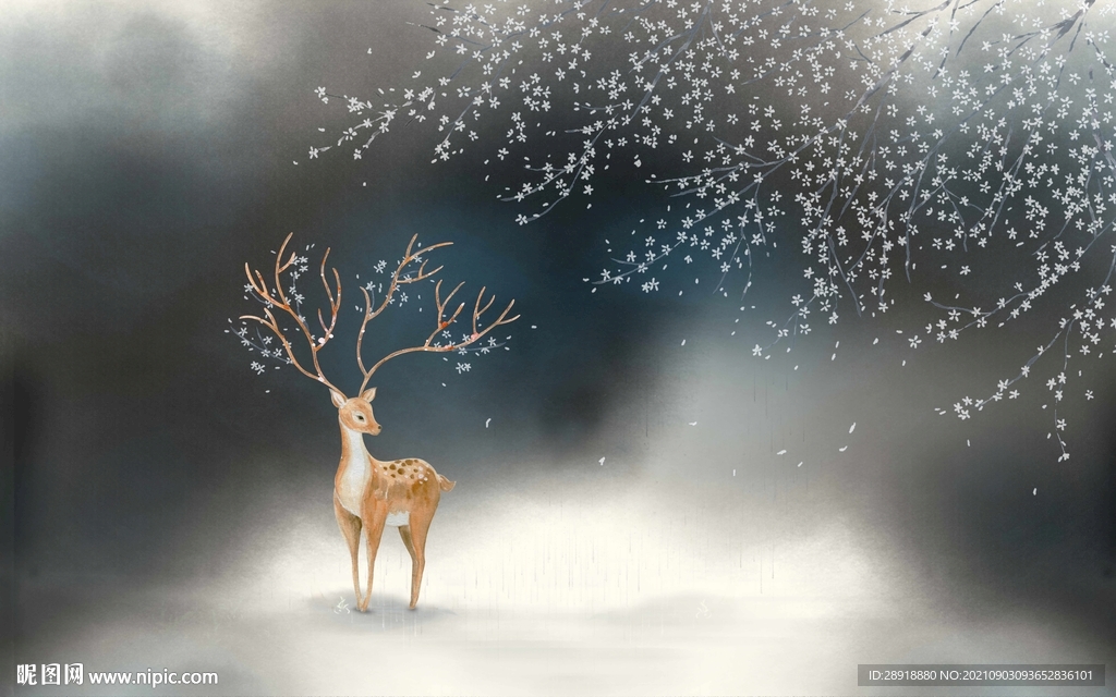 新中式禅意北欧麋鹿樱花背景墙图片