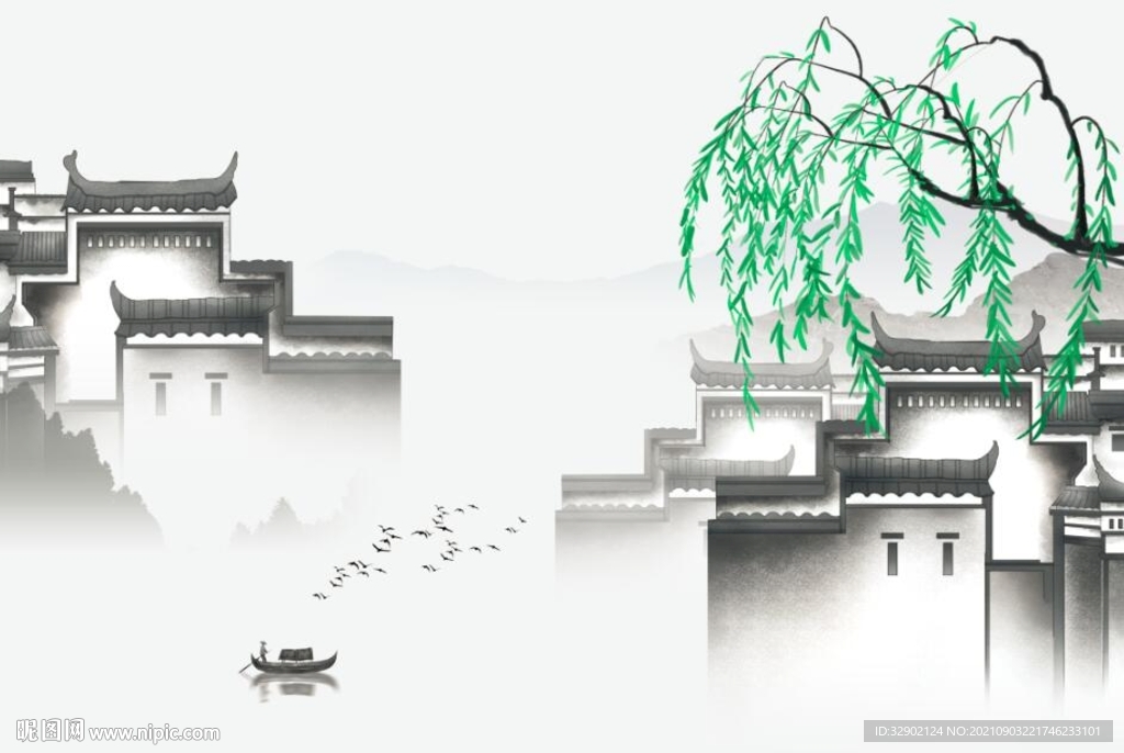 柳树江南建筑山水背景墙