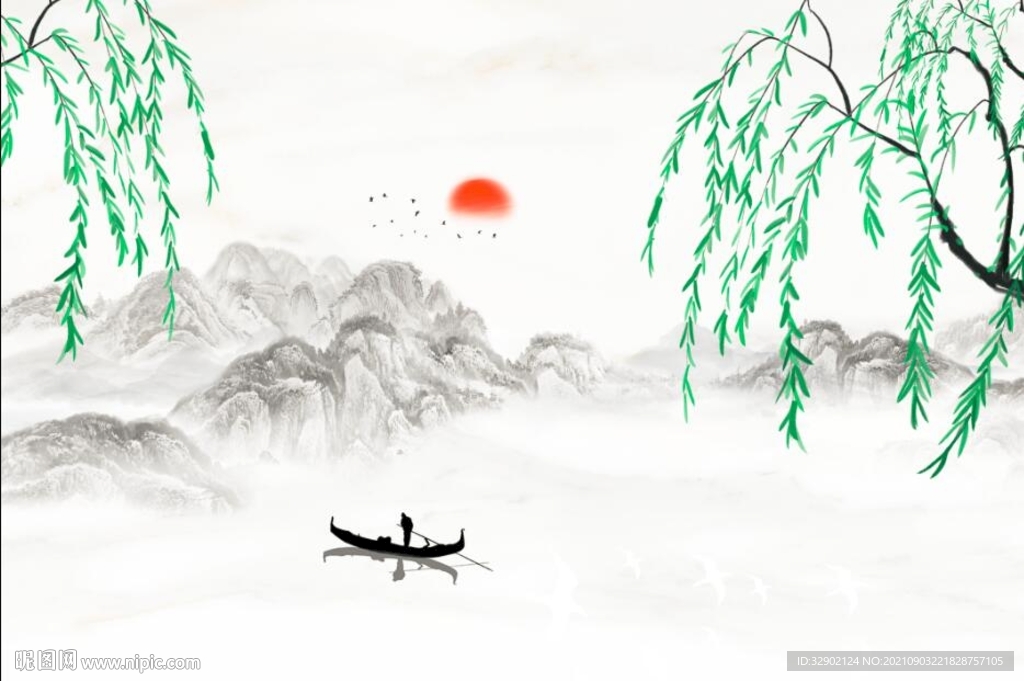 中式江南春山水背景墙