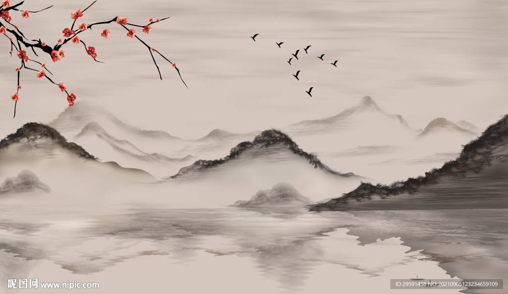 手绘山水倒影背景墙
