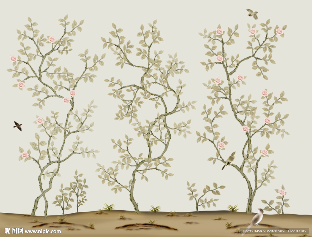 手绘花鸟图背景墙