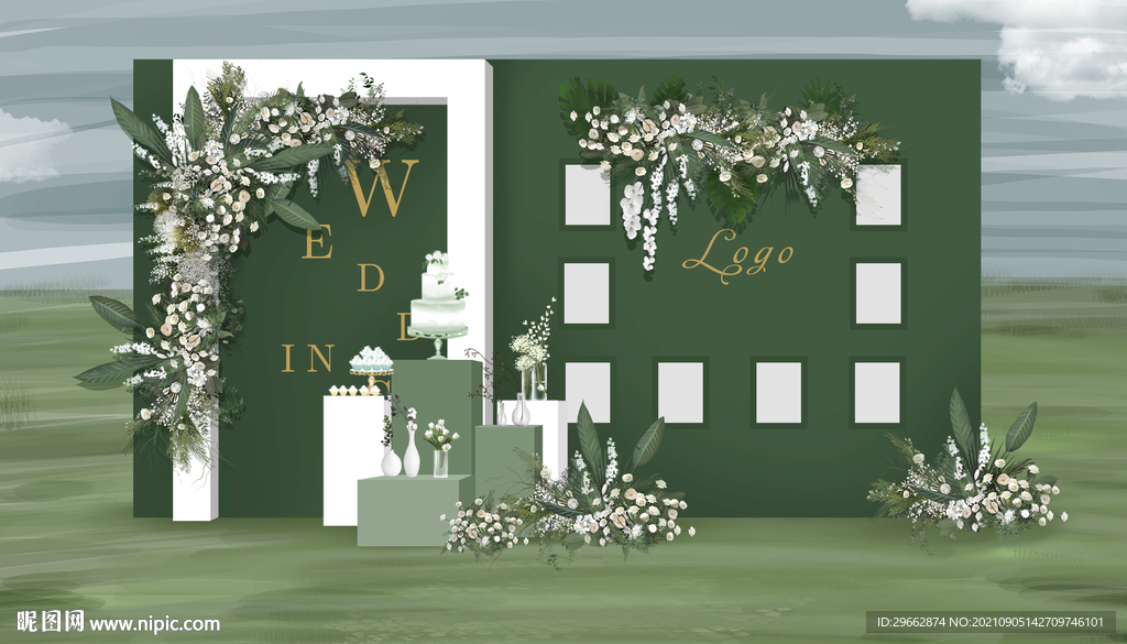 白绿色户外婚礼甜品区