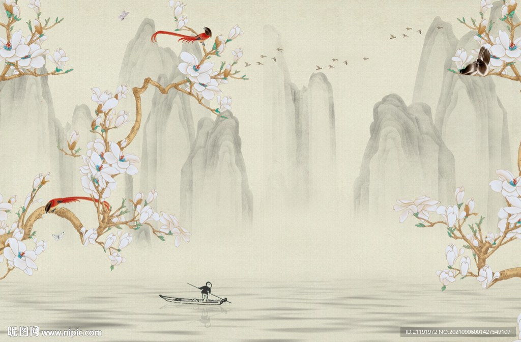 水墨山水手绘玉兰花卉中式壁画图