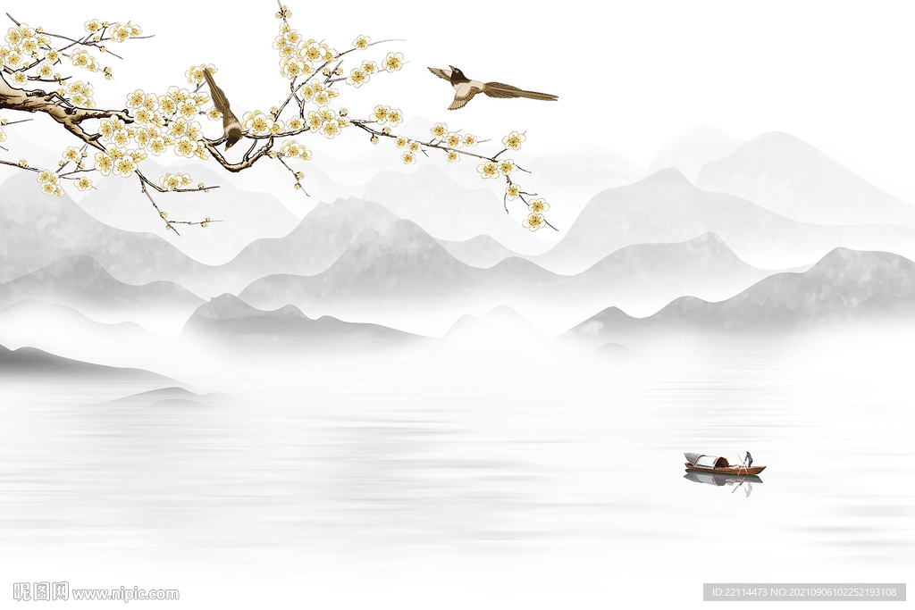 手绘银杏花鸟山水电视背景墙