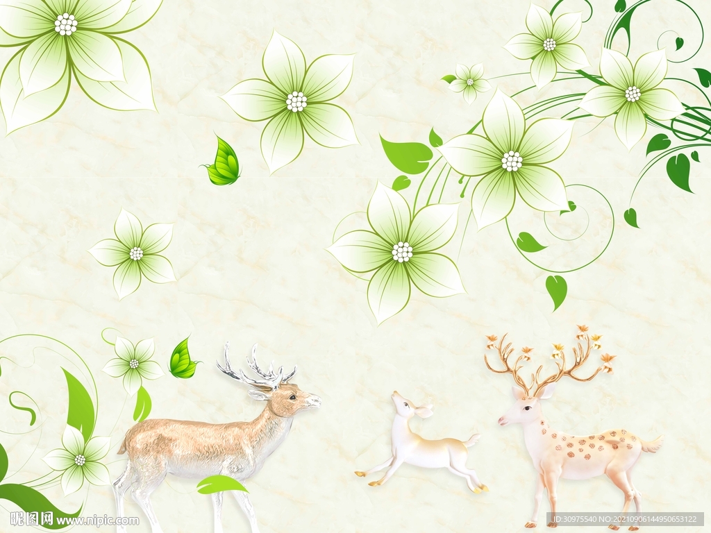小清新麋鹿花卉背景