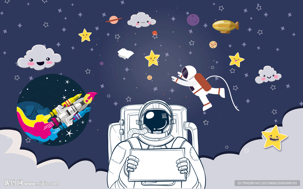 北欧手绘儿童房背景墙 卡通背