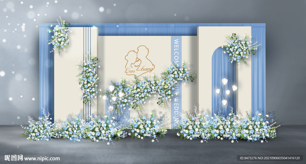 蓝白色婚礼迎宾区
