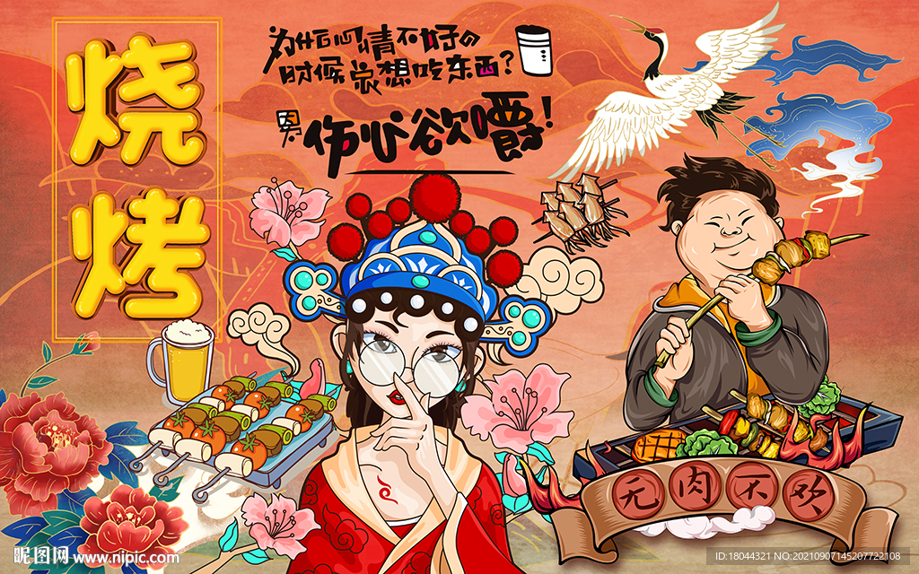 国潮烧烤无肉不欢工装背景墙