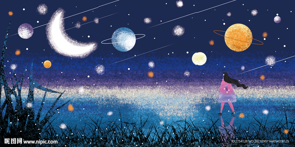 晶瓷画 夜晚星空 女孩