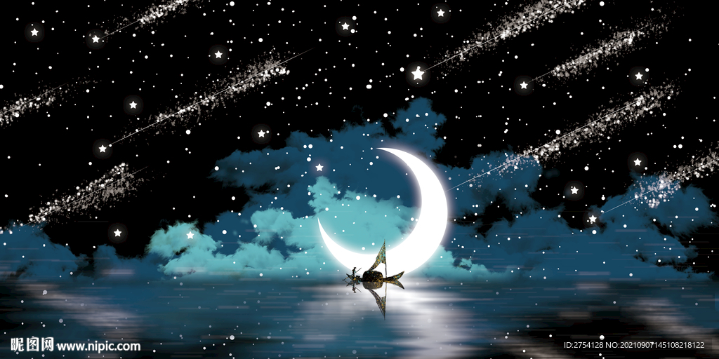 晶瓷画 星空夜晚 小船