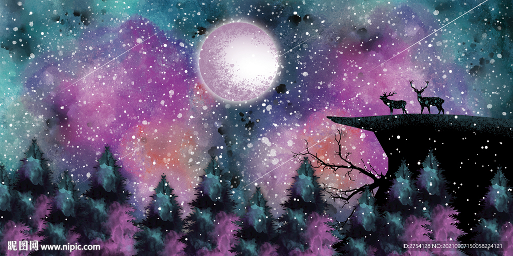 晶瓷画 星空夜晚 森林