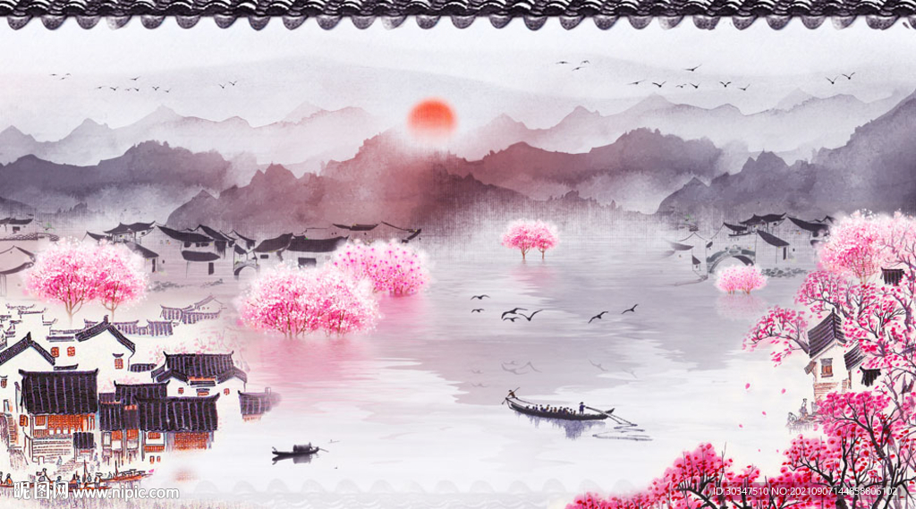 江南水乡水墨山水画