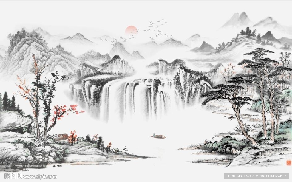 中式水墨山水瀑布国画电视背景墙