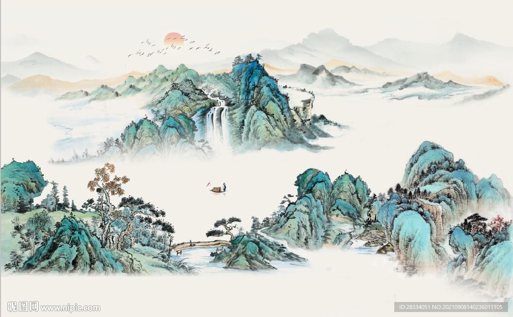 中式青绿山水国画电视背景墙