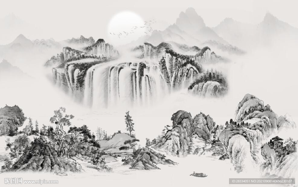 中式水墨山水瀑布国画电视背景墙