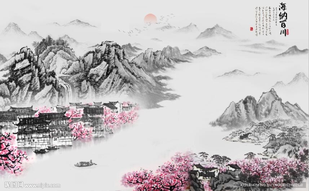 江南民居山水国画电视背景墙