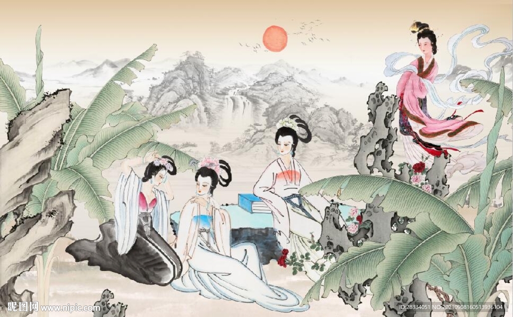 新中式美丽佳人水墨国画电视背景