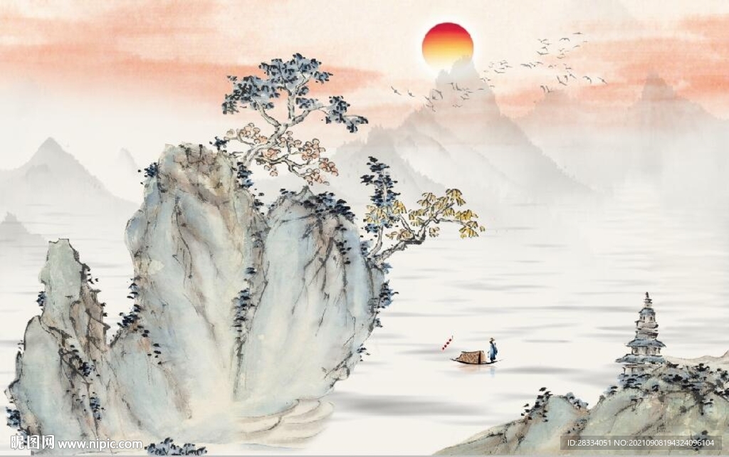 中式青绿山水国画电视背景墙