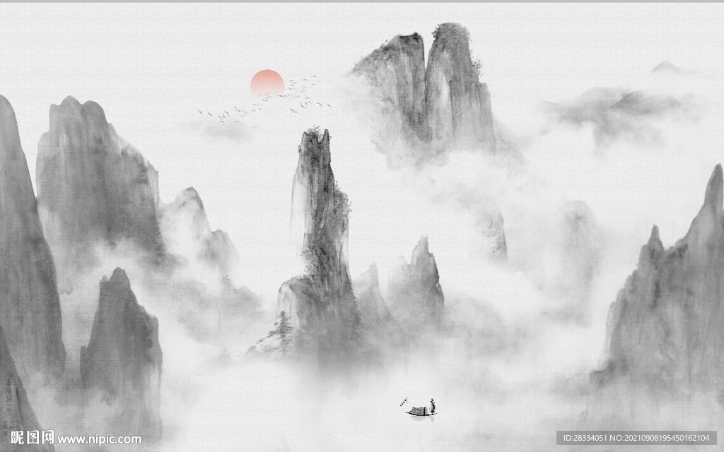 中式水墨山水国画电视背景墙