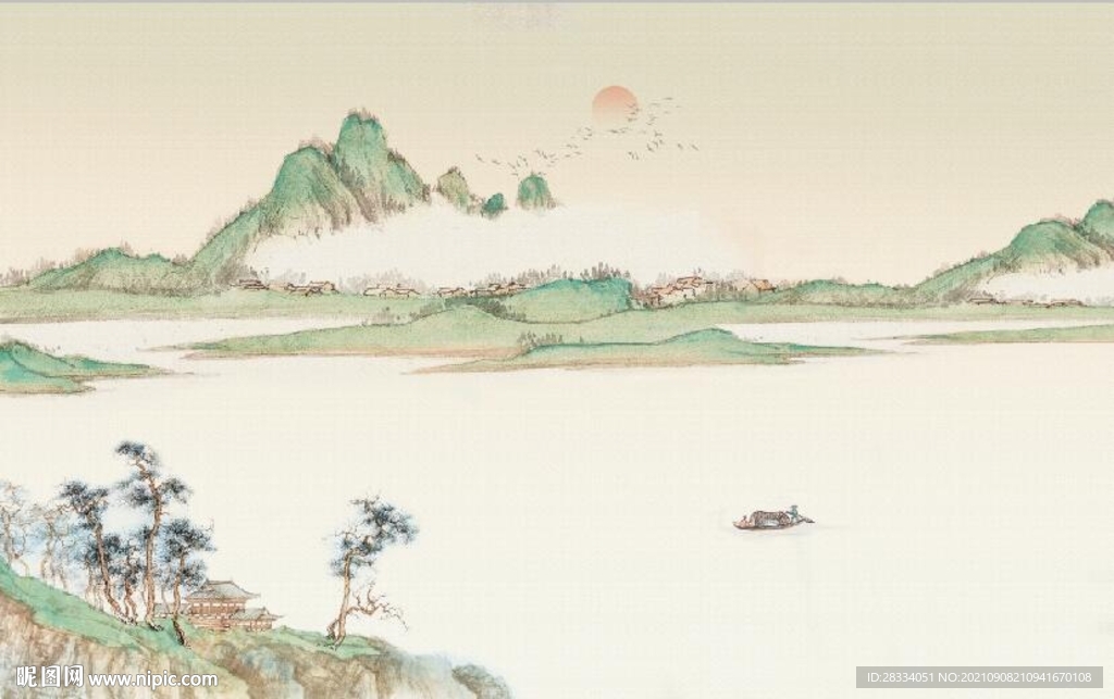 中式水墨山水风景国画背景墙壁画