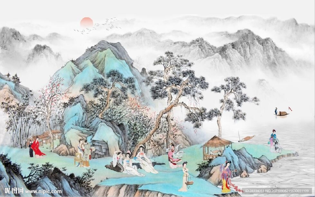 中式山水仕女风景国画电视背景墙
