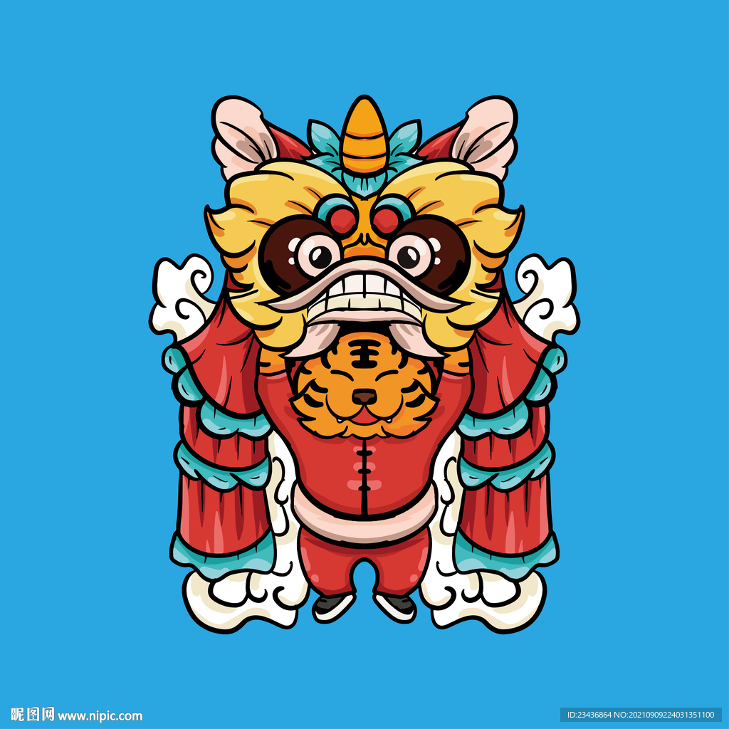 手绘卡通舞狮老虎插画